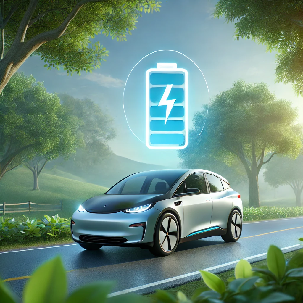 "Immagine di un'auto elettrica moderna parcheggiata su una strada circondata da vegetazione lussureggiante, con un'icona luminosa della batteria sospesa sopra il veicolo, simbolo di efficienza e durata. Il cielo blu sullo sfondo rappresenta sostenibilità e tecnologia avanzata."